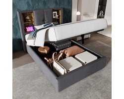OKWISH Gestoffeerd Bed 90x200 cm - Bedbodem Met Opbergruimte En Draadloos Laden - LED Verlichting En Grifflift - Katoen Grijs - Zonder Matras
