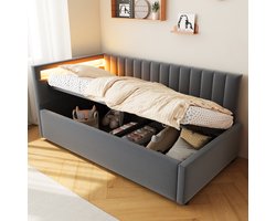 OKWISH Gestoffeerd Bed 90x200 cm – Eenpersoonsbed Met LED-Hoofdeinde en Hydraulische Opbergruimte – Wendbare Kopdelen – Fluweel – Grijs – Zonder Matras