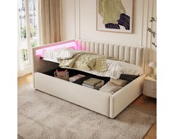OKWISH Gestoffeerd bed 90x200 cm – Eenpersoonsbed met RGB-LED en hydraulische opbergruimte, verstelbaar hoofdeinde – Fluweel – Beige – Zonder matras