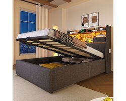 OKWISH Gestoffeerd Bed 90x200 cm - Hydraulisch Opbergbed Met LED-Kopdeel - Met Opbergruimte Onder En Zijkastje - Eenpersoons - Linnen - Zonder matras - Grijs