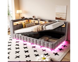 OKWISH Gestoffeerd Bed 90x200 cm - Hydraulische Opbergruimte en Ingebouwd Houten Rek - Met LED, USB & Type-C Aansluitingen - Fluweel - Lichtgrijs - Zonder matras