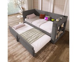 OKWISH Gestoffeerd Bed 90x200 cm – Slaapbank met Uitschuifbed – Armleuning Met 3 USB & Type-C, 2 Bekerhouders – Katoen-Linnen – Grijs – Zonder Matras