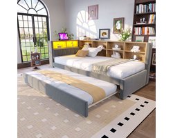 OKWISH Gestoffeerd Bed 90x200 cm - Slaapbank Uittrekbed 90x190 cm - LED & Oplaadpunten - Met Opbergruimte - Flanellen - Donkergrijs - Zonder Matras