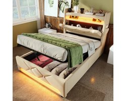 OKWISH Gestoffeerd Bed 90x200 cm - Tienerbed Met Boxspring Met Opbergruimte - Bedbodem Met USB C-Type Oplaadfunctie En LED - Linnen - Beige
