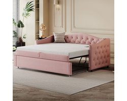 OKWISH Gestoffeerd Bed 90x200 cm - Uitrekbaar Slaapbank met USB - Met Lattenbodem - Zonder Opbergruimte - Linnenstof Klassiek - Roze - Zonder matras