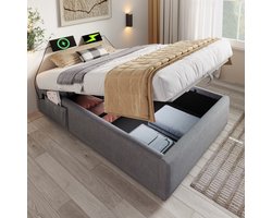 OKWISH Gestoffeerd Bed 90x200 cm - USB-C Oplaad en Massief Houten Bodemplaat - Hydraulische Opbergruimte - Zonder matras - Katoen-Linnen - Grijs
