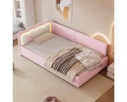OKWISH Gestoffeerd Bed 90x200cm - Instelbare LED met Afstandsbediening - Slaapbank met Lattenbodem - Zonder Opbergruimte - Fluweel - Roze - Zonder matras