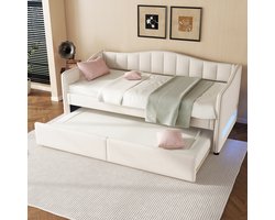 OKWISH Gestoffeerd Bed 90x200cm - Uitschuifbaar Onderschuifbed - Dagbed Met Slaapbankfunctie - Linnen Minimalistisch - Beige - Zonder matras