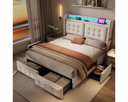OKWISH Gestoffeerd Bed Tweepersoonsbedden 180x200 cm - Boxspring Met Opbergruimte 4 Lades - LED Tweepersoonsbed + USB C Opladen - Katoen - Beige