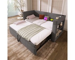OKWISH Gestoffeerd Daybed 90x190cm – Bedbank Met Uittrekbed – Armleuningen Met 3 USB/Type-C – Katoen-Linnen – Grijs – Zonder Matras