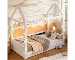 OKWISH Gestoffeerd Huisbed 90x200 cm - Speels Dakontwerp Met LED - Zonder Opbergruimte - Voor Kinderen - MDF/Linnen - Zonder Matras - Beige