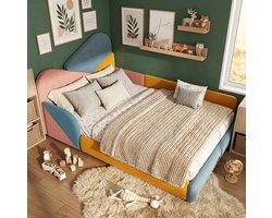 OKWISH Gestoffeerd Kinderbed 140x200 cm - Met Verhoogde Zijbescherming - Laag Instapbed - Zonder Matras - Fluweellook - Veelkleurig