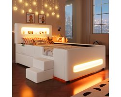 OKWISH Gestoffeerd Platformbed 90x200 cm - Met LED-Multicolor En USB - Met Trap En Uittrekbare Lade - Voor Kinderkamer - PU/MDF - Wit - Zonder matras