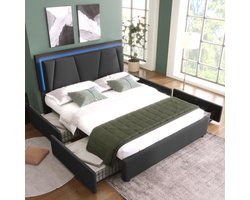 OKWISH Gestoffeerd Tweepersoonsbed 140x200 cm – Verstelbaar Hoofdeinde ±10 cm & Geïntegreerde LED – 4 Lades Opbergruimte – Metaal – Grijs – Zonder Matras