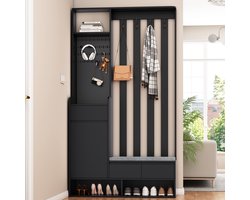 OKWISH Halkasten - Kapstok Met Schoenenbank En 4 Haken - Halmeubel Met Opbergruimte - 100x35x180 cm - MDF - Zwart