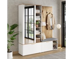 OKWISH Halmeubel Set Met Spiegel En Schoenenkast Met Klapdeuren En Uittrekbare Kledingstang Voor Entree Wit Natur 160x38x180 Cm