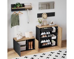 OKWISH Halmeubelset - 5-Delig Met Schoenkasten, Bank, Spiegel En Haken - Voor Entree En Hal - Houtkleur Zwart