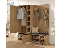 OKWISH Halmeubelset - Spiegel - Uitschuifbare Kledingroede - 4 Haken - Schoenenkast Met Zitbank - Zwart Natuurlijk - 160x38x180 cm