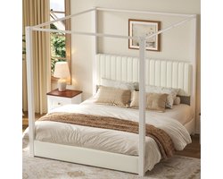 OKWISH Hemelbed 180x200 cm - Gestoffeerd Bed Met Comfortabel Hoofdbord - Met Lattenbodem - Zonder Matras - Fluweel Metaal - Beige Wit