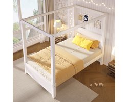 OKWISH Hemelbed 90x200 Cm Zonder Matras - Bed Met Open Dakhouder En Lattenbodem - Voor Kinderen Jongeren En Logeerkamer - Hout En MDF - Wit
