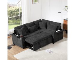 OKWISH Hoek Slaapbank L 206,5 X 141 X 86 Cm - Uitschuifbaar Met Opbergruimte, Bekerhouder En Oplaadpoort - Chenille - Donkergrijs