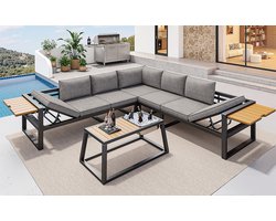 OKWISH Hoekbank 178 x 178 cm - Verstelbare Rugleuning, Uitklapbare Armtafels & Koelbak - Tuin en Balkon - IJzer - Grijs