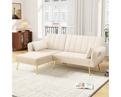 OKWISH Hoekbank 191,5 X 130,5 X 80 Cm - Slaapfunctie Met Omkeerbare Chaise Longue - Verstelbare Rugleuning - Fluweel - Beige