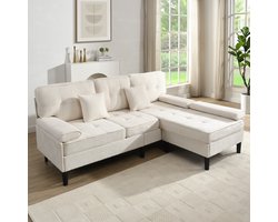 OKWISH Hoekbank 195 X 149 X 86 Cm - Modulaire Driezits Met Verplaatsbare Hocker - Omkeerbare Chaise Longue Voor Kleine Ruimtes - Chenille - Lichtbeige