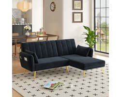 OKWISH Hoekbank - 2-3-Zits L-vormig Met Slaapfunctie & Wisselbaar Liggedeelte Links/Rechts - 3-standen Rugleuning, Opbergtassen - Fluweel - Zwart