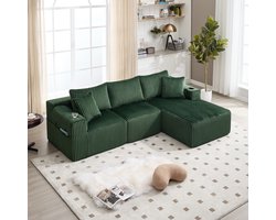OKWISH Hoekbank – 2-Zits Met Chaiselongue – Modulaire Met Zijvakken & Bekerhouder – Ribfluweel – Smaragdgroen – Met 5 Kussens Voor Woonkamer & Studio