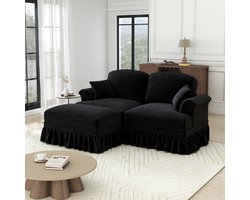 OKWISH Hoekbank 2-Zits Met Hocker - Modulair L-Vormig Ontwerp Met Afneembare Rok - Diepe Zit - Chenille - Zwart