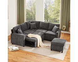 OKWISH Hoekbank 205 X 205 X 85 Cm - Slaapfunctie Met Uittrekbaar Bed, Hocker Met Opbergruimte, Usb En Type C - Chenille - Grijs