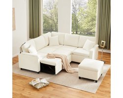 OKWISH Hoekbank 205 X 205 X 85 Cm - Uittrekbare Slaapfunctie, Hocker Met Opbergruimte, Leeslamp En Usb En Type C - Chenille - Beige