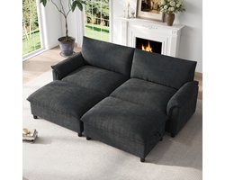 OKWISH Hoekbank 216 x 77 x 82 cm - Met 2 Verplaatsbare Hockers en Opbergruimte - Omvormbaar Tot Bed - Chenille - Zwart