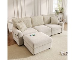 OKWISH Hoekbank 223 x 146 cm - Met Voetenbank, 2 Kussens En Usb Oplaadpunten - Voor Woonkamer - Chenille En Ribstof - Beige