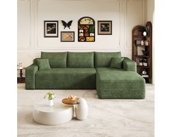 OKWISH Hoekbank - 241 Cm 3-Zits Bank Met Chaise Longue - Zonder Montage, Diepe Zitting En Zacht Comfort - Woonkamer - Ribstof - Groen