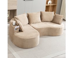 OKWISH Hoekbank 250 x 152 cm - Met Bekerhouders, Zijvakken En Kussen - Voor Woonkamer Of Slaapkamer - Corduroy - Khaki