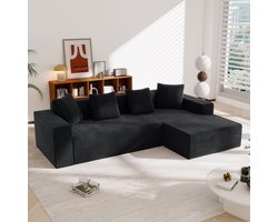 OKWISH Hoekbank 261 X 146 Cm - Modulair Diepe Zitting Met Chaise Longue - Voor Woonkamer Slaapkamer - Ribfluweel - Zwart