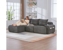OKWISH Hoekbank 268 X 174 Cm - Modulaire 3 Zits Bank Met Hocker En Bekerhouder - Voor Woonkamer En Familiekamer - Cord - Donkergrijs