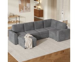 OKWISH Hoekbank 282 x 153 cm - Met Opberghocker En Slaapfunctie - Voor Woonkamer Of Logeerkamer - Chenille - Grijs