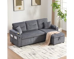 OKWISH Hoekbank – 3-Zits Bank Met Hydraulische Chaiselongue En Uittrekbaar Schuifbed – Met USB-C, Opbergruimte En Bekerhouder – Ribstof – Donkergrijs