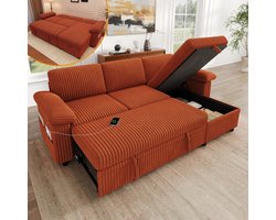 OKWISH Hoekbank 3-Zits - L-Vormige Slaapbank Met Opbergruimte - Links/Rechts Omkeerbare Ottomane, USB En Type-C - Corduroy - Oranje