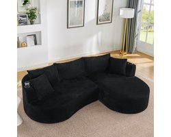OKWISH Hoekbank 3-Zits - Met Rechter Chaise Longue, Bekerhouders En Kussens - Woonkamer Of Kantoor - Kordstof - Zwart