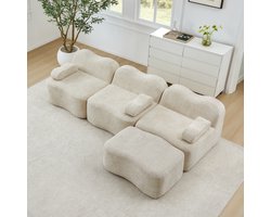 OKWISH Hoekbank 3-Zits - Modulair & Frameloos Met Ottomaan - Diepe Zitting Voor Woonkamer - Fluweel - Beige