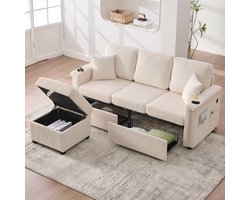 OKWISH Hoekbank – 3-Zits Modulaire Bank Met LED & USB-C – Met Lades, Zijvakken En Bekerhouders – Corduroy – Beige