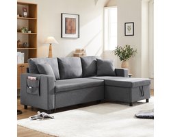 OKWISH Hoekbank - 3-Zits Slaapbank Met Wisselbare Chaiselongue - Uitschuifbare Slaapfunctie, Verborgen Opbergvak & Zijvakjes - Linnen - Donkergrijs