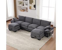 OKWISH Hoekbank 330 X 132 X 84 Cm - Modulaire 4-Zits Met 2 Opberghockers, Usb C & Zijvakken - Woonkamer Of Kantoor - Corduroy - Donkergrijs