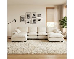 OKWISH Hoekbank 332 x 151 x 90 cm - Modulaire U Bank Met Verplaatsbare Ottomaan - Woonkamer - Chenille - Beige