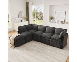 OKWISH Hoekbank 344 x 127 x 91 cm - Modulaire 6-Zits Bank Met Slaapfunctie En Verplaatsbare Hocker - Voor Woonkamer Of Kantoor - Chenille - Grijs