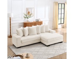 OKWISH Hoekbank – 4-Zits L-Vormige Bank Met Wisselbare Chaise Longue – Met Hoge Terugvering, Inclusief 6 Kussens – Ribfluweel – Beige